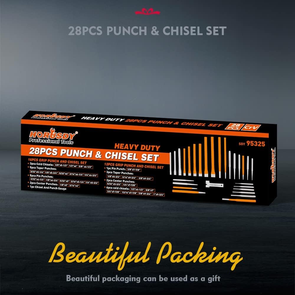 HORUSDY 28-piece punch and chisel set with heavy-duty CR-V steel construction, chisel angle gauge, and durable roll-up canvas pouch.