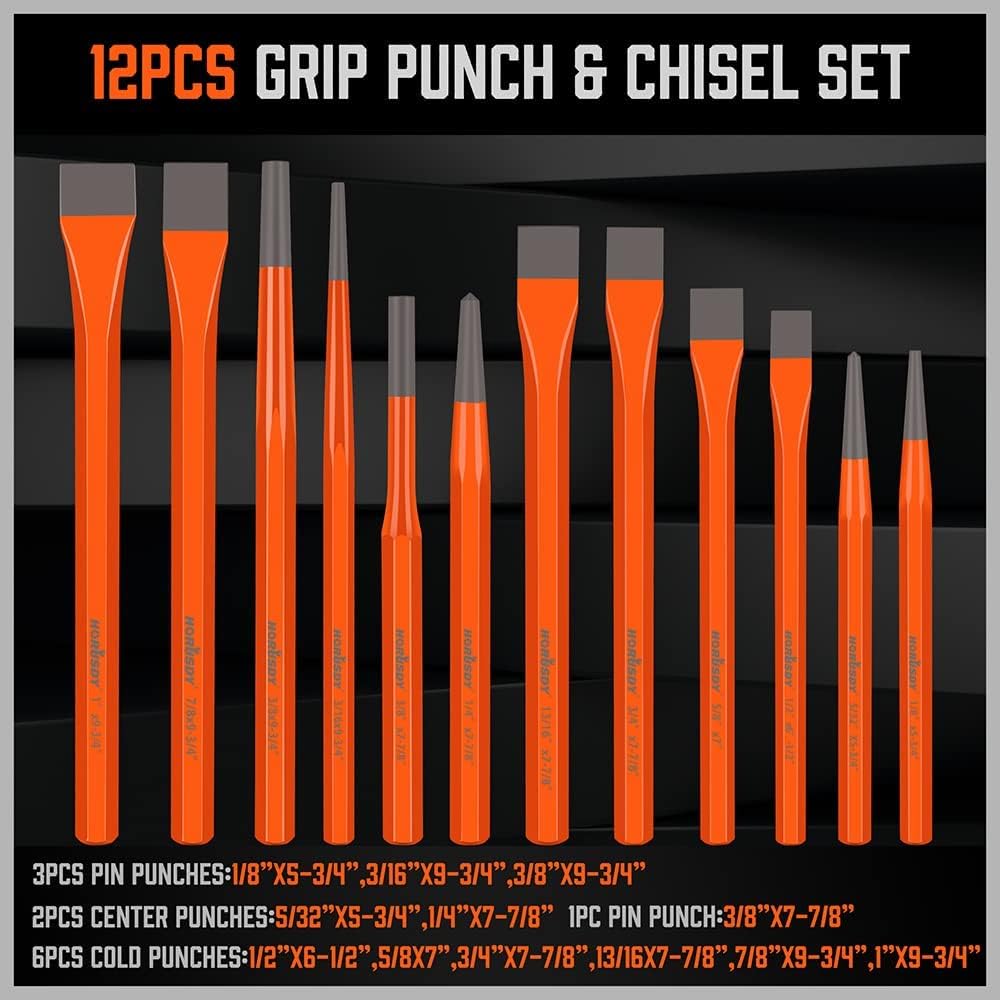 HORUSDY 28-piece punch and chisel set with heavy-duty CR-V steel construction, chisel angle gauge, and durable roll-up canvas pouch.