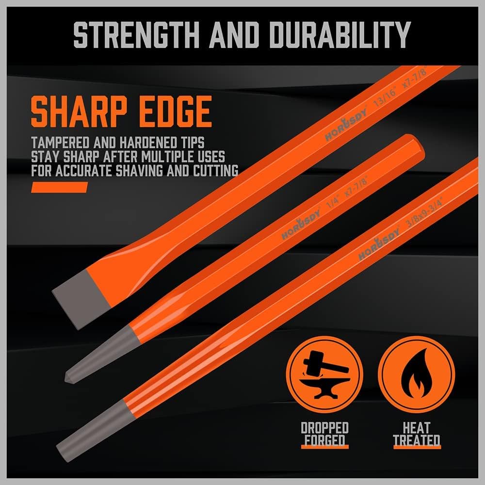 HORUSDY 28-piece punch and chisel set with heavy-duty CR-V steel construction, chisel angle gauge, and durable roll-up canvas pouch.