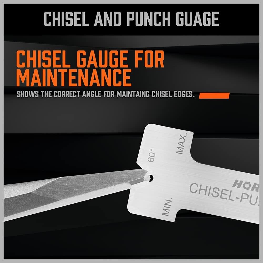 HORUSDY 28-piece punch and chisel set with heavy-duty CR-V steel construction, chisel angle gauge, and durable roll-up canvas pouch.