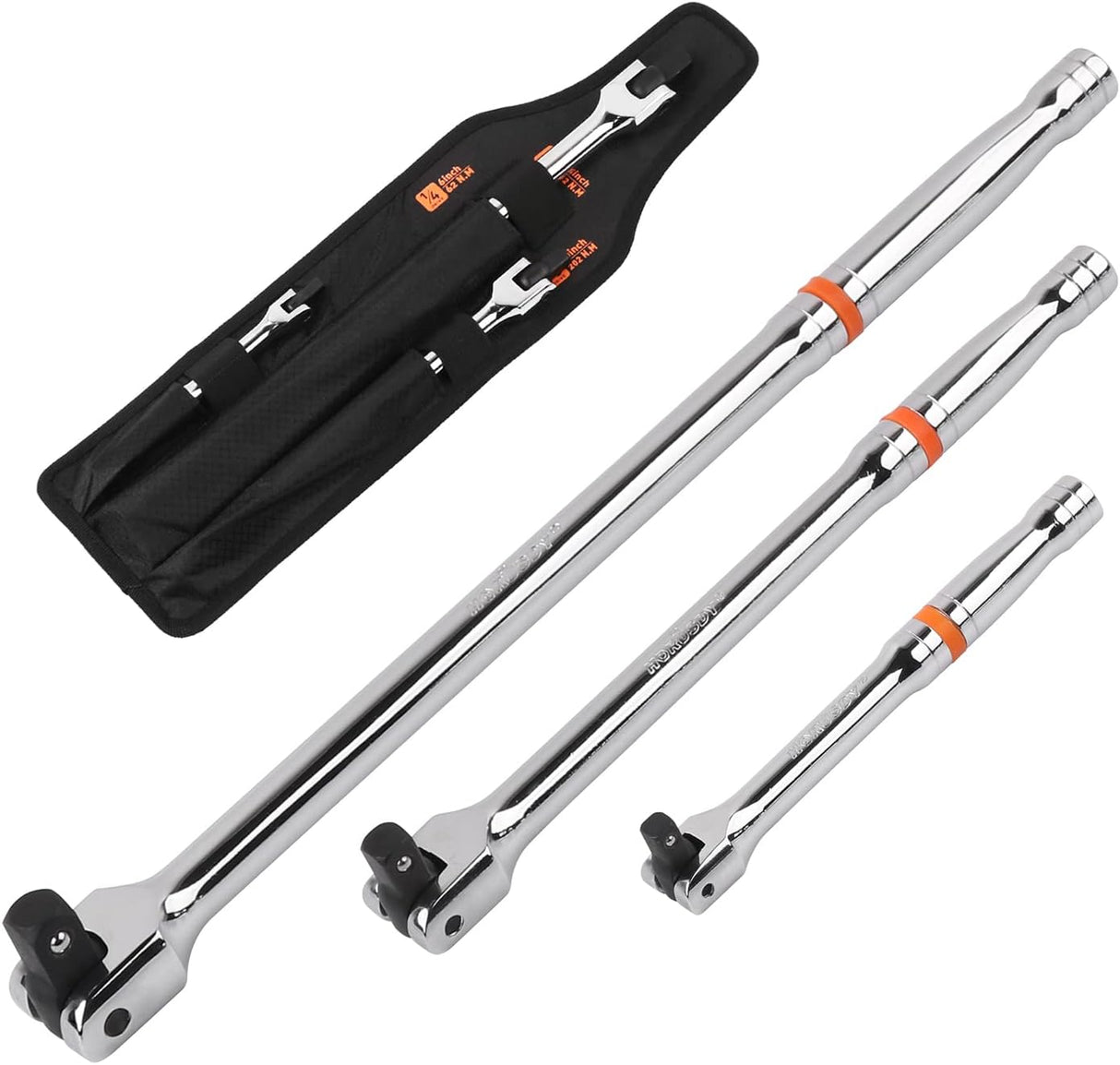 HORUSDY 3-piece breaker bar set with 1/4", 3/8", 1/2" drive flex-head handles, chrome polished alloy steel, 180° rotation, and heavy-duty storage bag.
