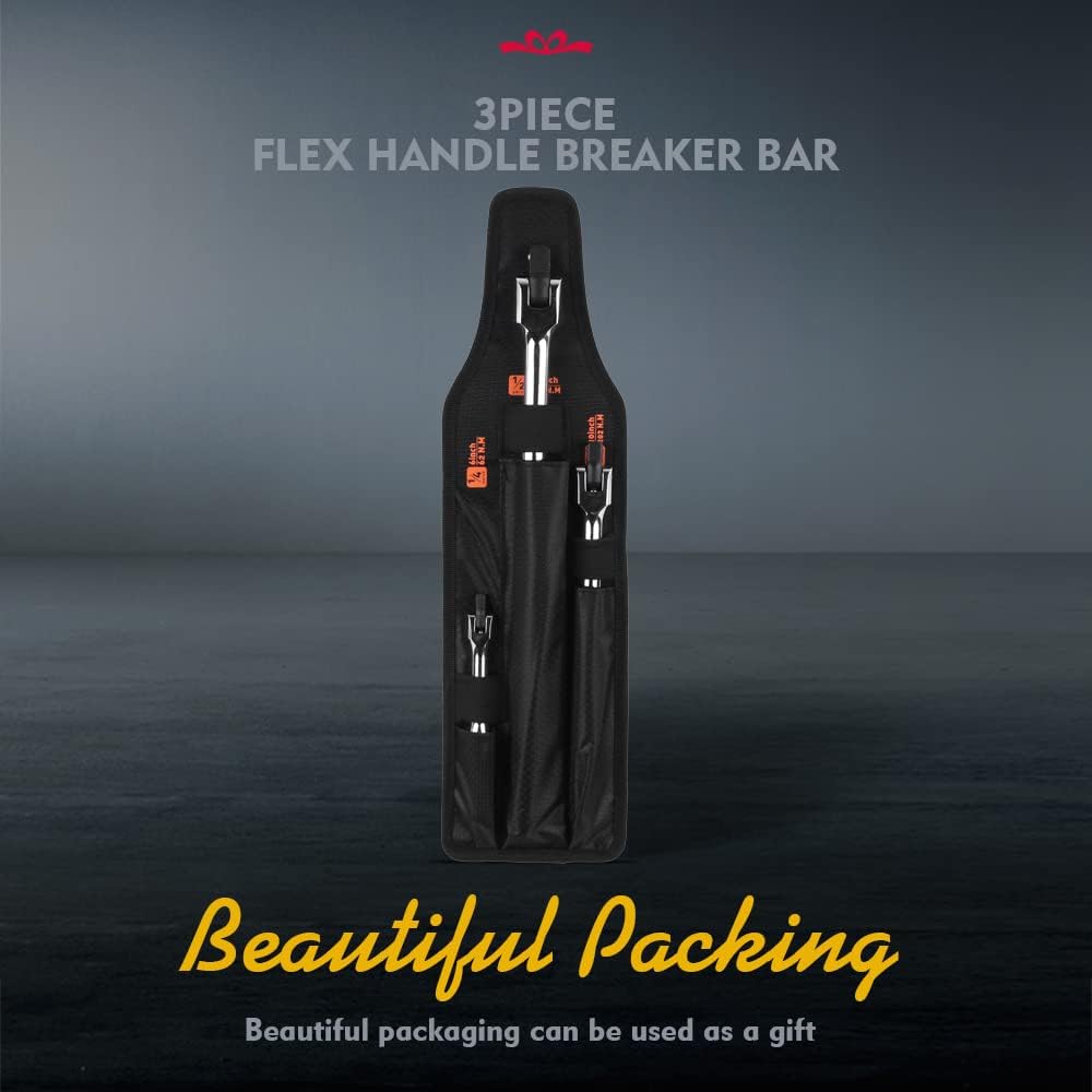 HORUSDY 3-piece breaker bar set with 1/4", 3/8", 1/2" drive flex-head handles, chrome polished alloy steel, 180° rotation, and heavy-duty storage bag.