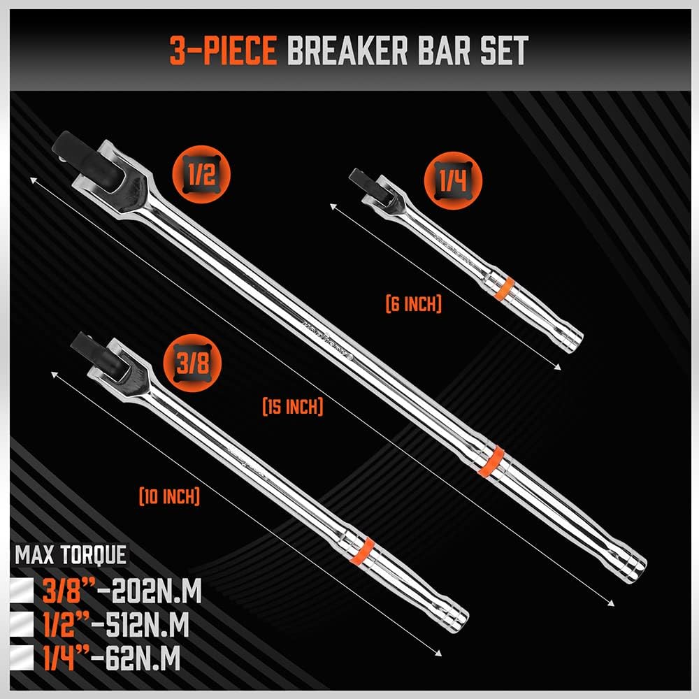HORUSDY 3-piece breaker bar set with 1/4", 3/8", 1/2" drive flex-head handles, chrome polished alloy steel, 180° rotation, and heavy-duty storage bag.