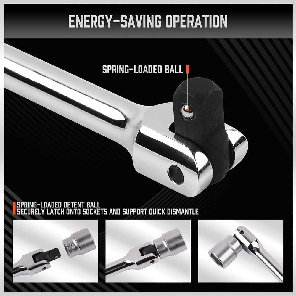 HORUSDY 3-piece breaker bar set with 1/4", 3/8", 1/2" drive flex-head handles, chrome polished alloy steel, 180° rotation, and heavy-duty storage bag.