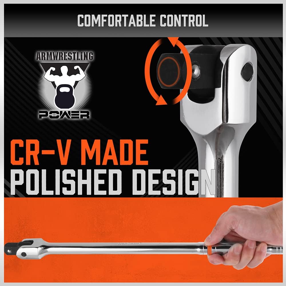 HORUSDY 3-piece breaker bar set with 1/4", 3/8", 1/2" drive flex-head handles, chrome polished alloy steel, 180° rotation, and heavy-duty storage bag.