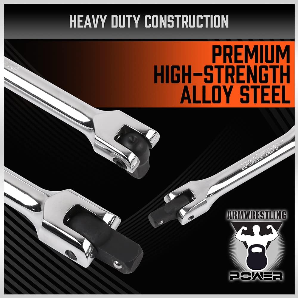 HORUSDY 3-Piece Breaker Bar Set, Flex Head Handle, 1/4", 3/8", 1/2" Drive, 6"/10"/15" Chrome Polished Cr-V Steel Bars with Carry Bag