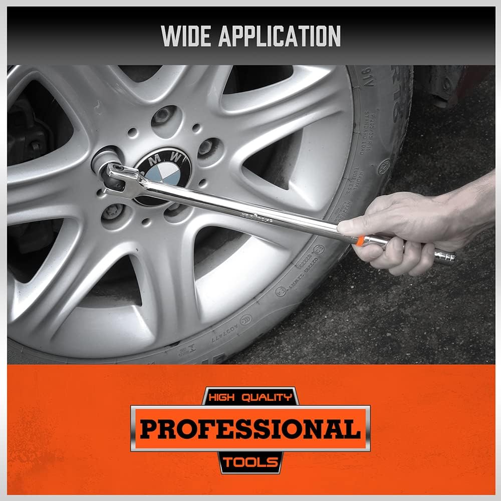 HORUSDY 3-piece breaker bar set with 1/4", 3/8", 1/2" drive flex-head handles, chrome polished alloy steel, 180° rotation, and heavy-duty storage bag.