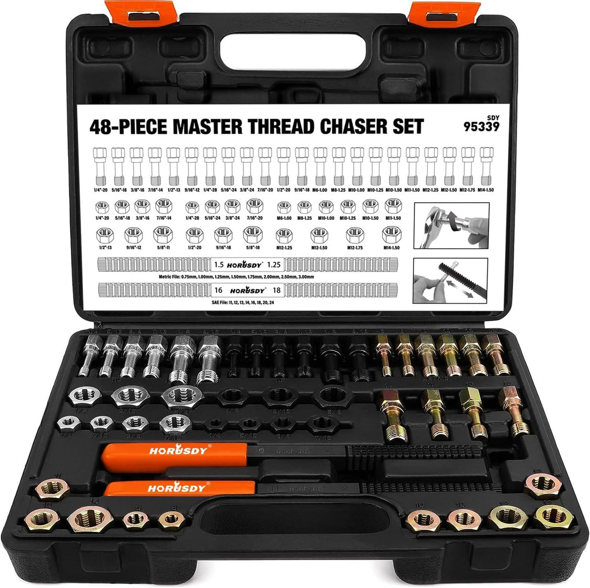 HORUSDY 48-piece rethreading tool set with SAE and metric taps, dies, thread files, and storage case