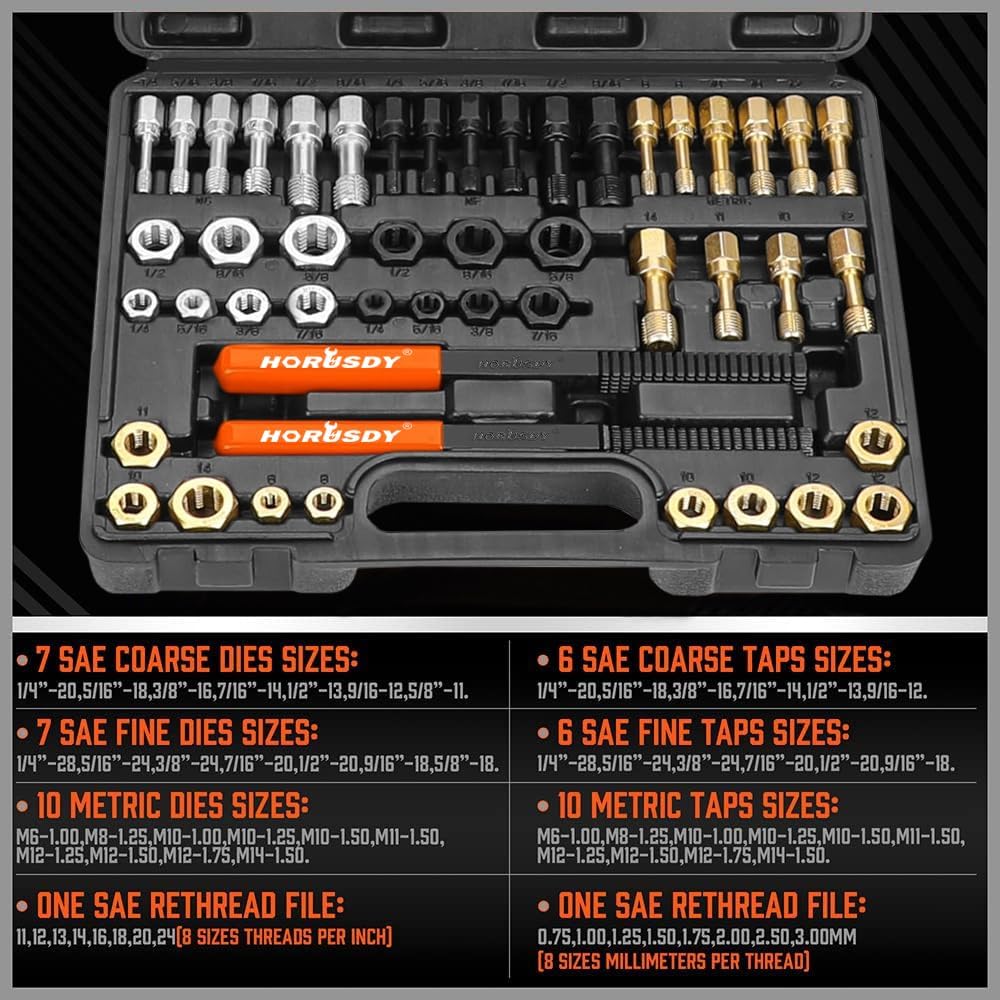 HORUSDY 48-piece rethreading tool set with SAE and metric taps, dies, thread files, and storage case