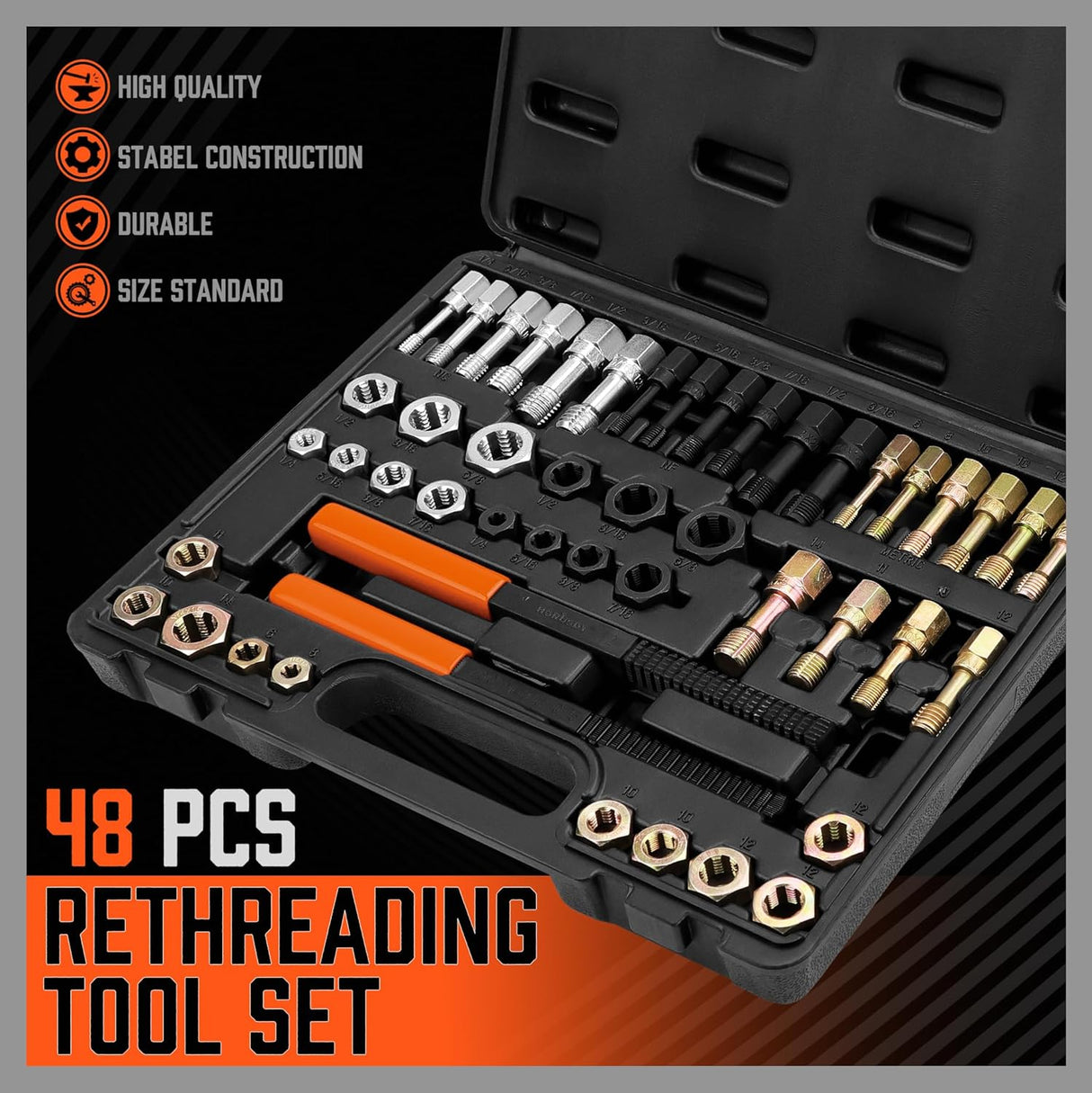 HORUSDY 48-piece rethreading tool set with SAE and metric taps, dies, thread files, and storage case