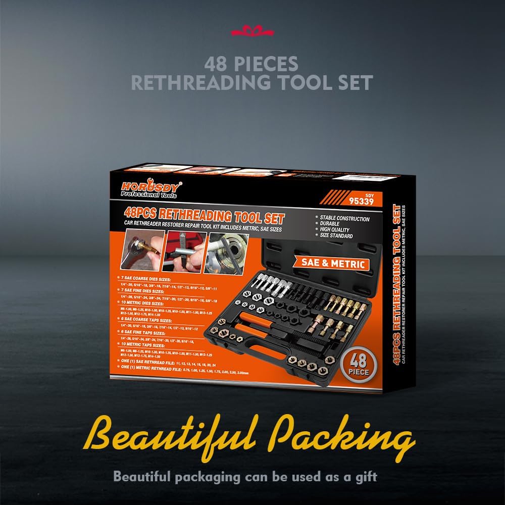 HORUSDY 48-piece rethreading tool set with SAE and metric taps, dies, thread files, and storage case