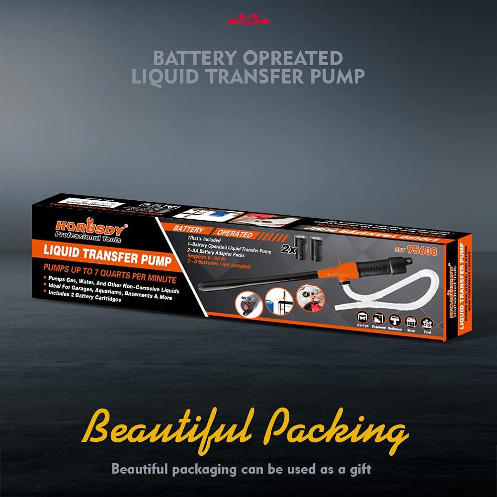 HORUSDY battery-operated liquid transfer pump with flexible hose and 2.2 gallons per minute suction for gas, water, and non-corrosive fluids