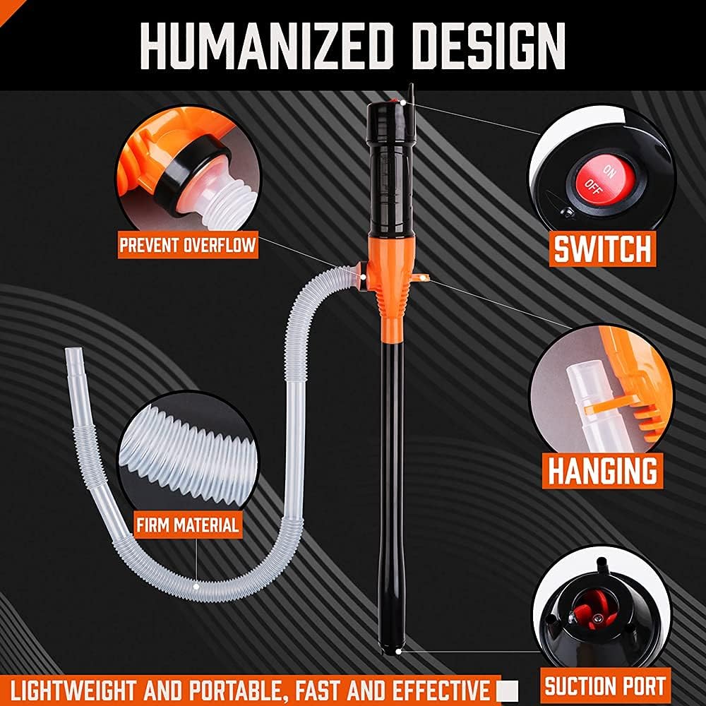 HORUSDY battery-operated liquid transfer pump with flexible hose and 2.2 gallons per minute suction for gas, water, and non-corrosive fluids