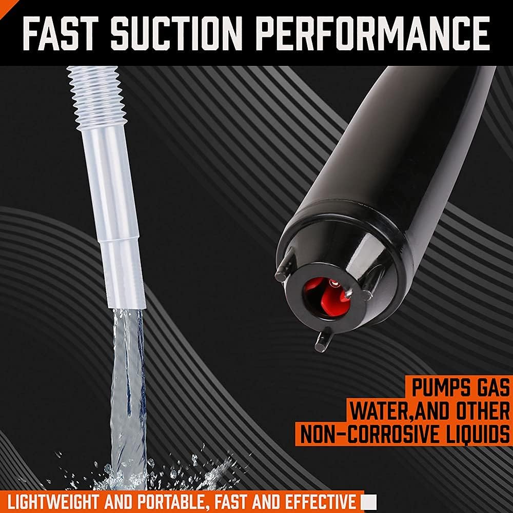 HORUSDY battery-operated liquid transfer pump with flexible hose and 2.2 gallons per minute suction for gas, water, and non-corrosive fluids