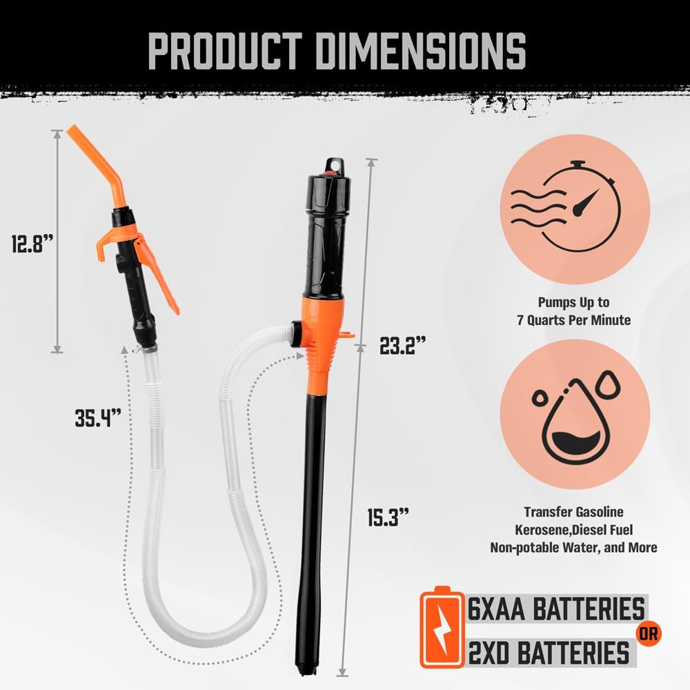 HORUSDY battery-operated liquid transfer pump with flow control nozzle, filter, and dual battery option for gasoline, diesel, water, and kerosene