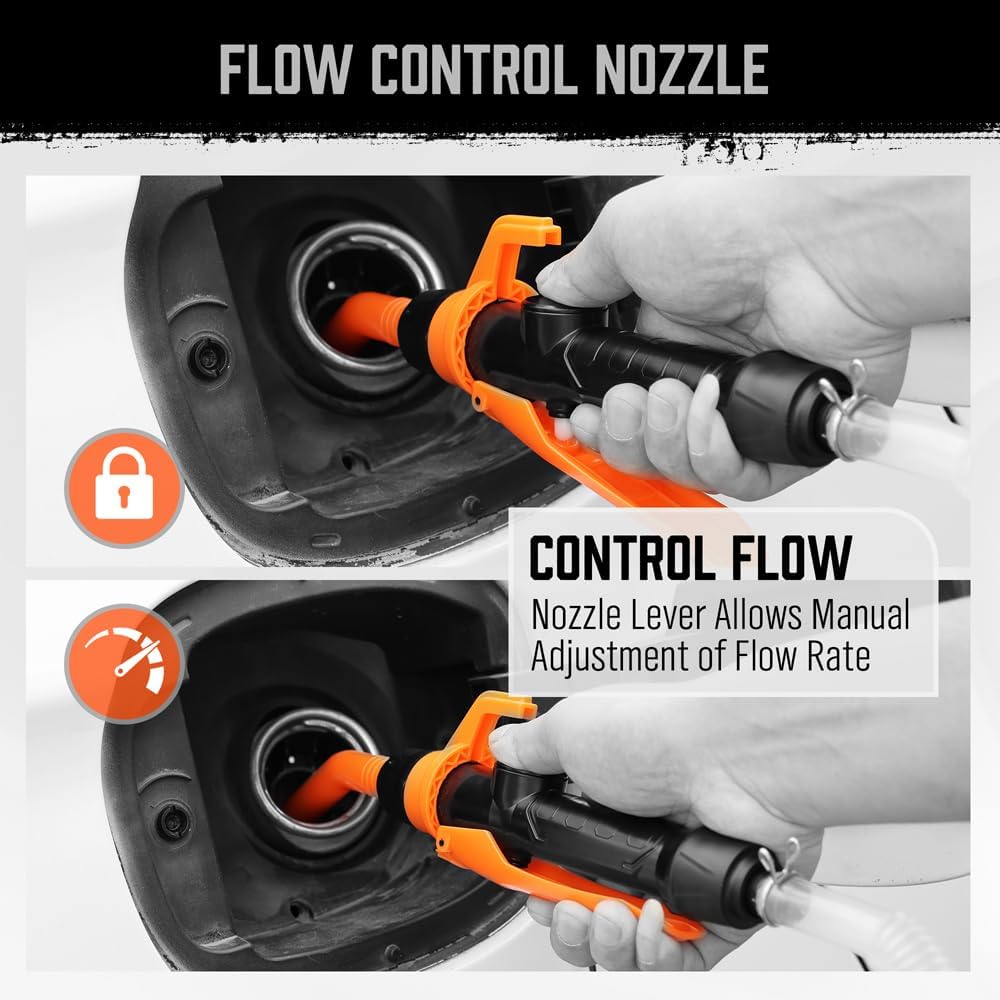 HORUSDY battery-operated liquid transfer pump with flow control nozzle, filter, and dual battery option for gasoline, diesel, water, and kerosene