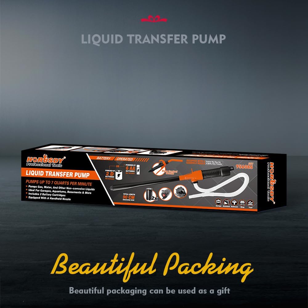 HORUSDY battery-operated liquid transfer pump with flow control nozzle, filter, and dual battery option for gasoline, diesel, water, and kerosene