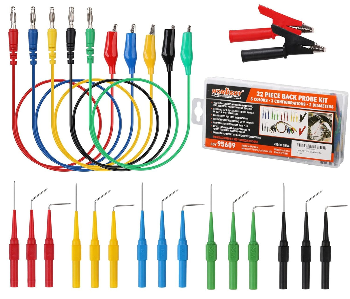 22-piece multicolor back probe kit with 4mm banana plugs and alligator clip test leads for multimeter and automotive diagnostic testing.