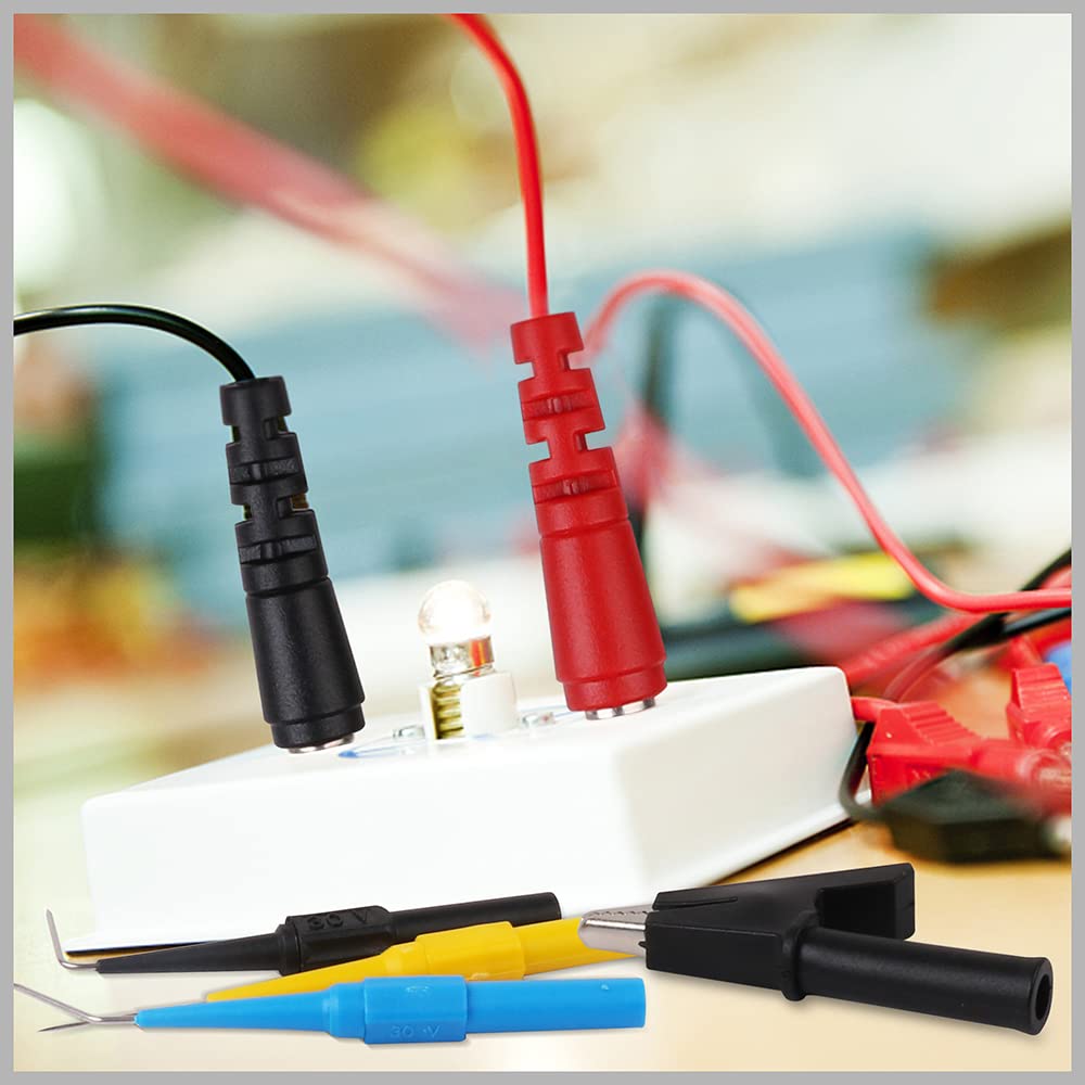 22-piece multicolor back probe kit with 4mm banana plugs and alligator clip test leads for multimeter and automotive diagnostic testing.