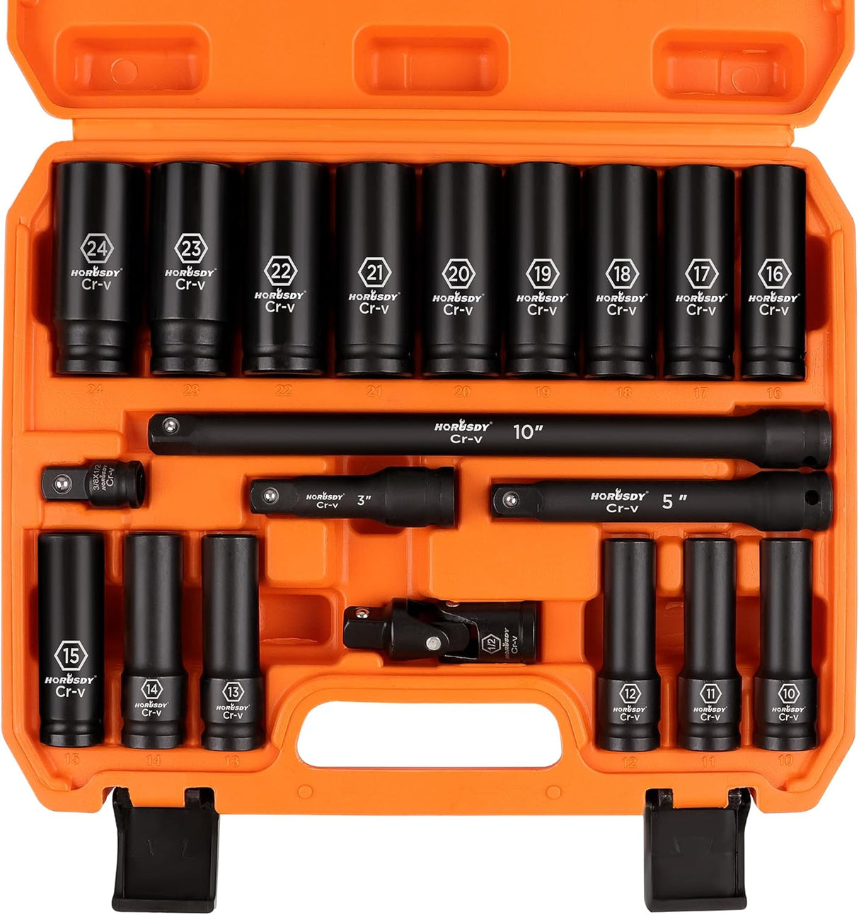 HORUSDY 20-piece 1/2 inch drive deep impact socket set with metric sizes from 10mm to 24mm, CR-V steel, storage case, extension bars, and universal joint.