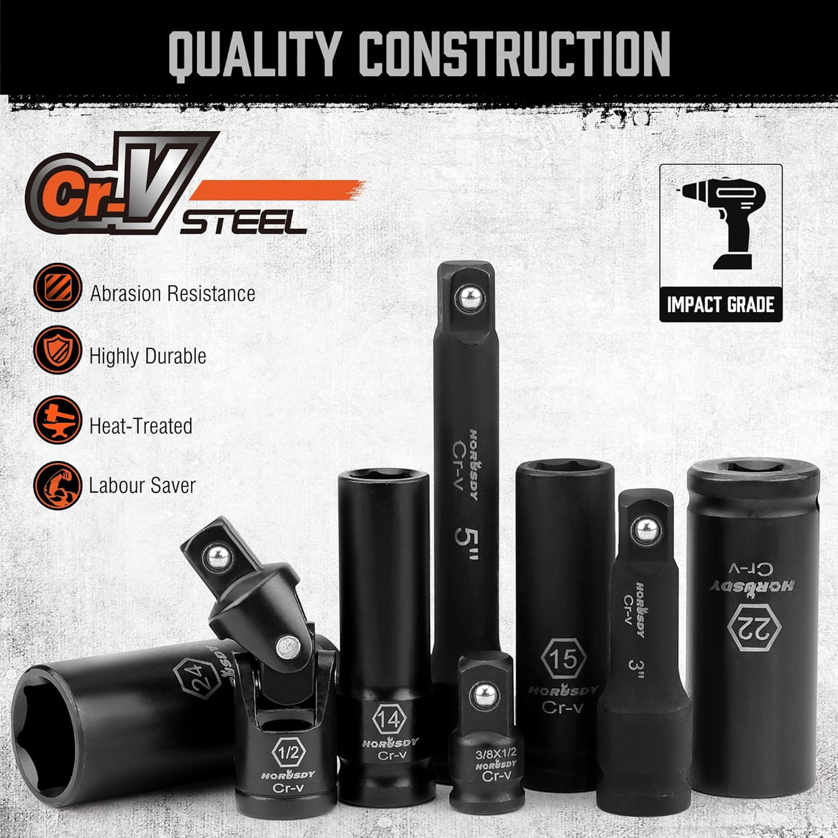 HORUSDY 20-piece 1/2 inch drive deep impact socket set with metric sizes from 10mm to 24mm, CR-V steel, storage case, extension bars, and universal joint.