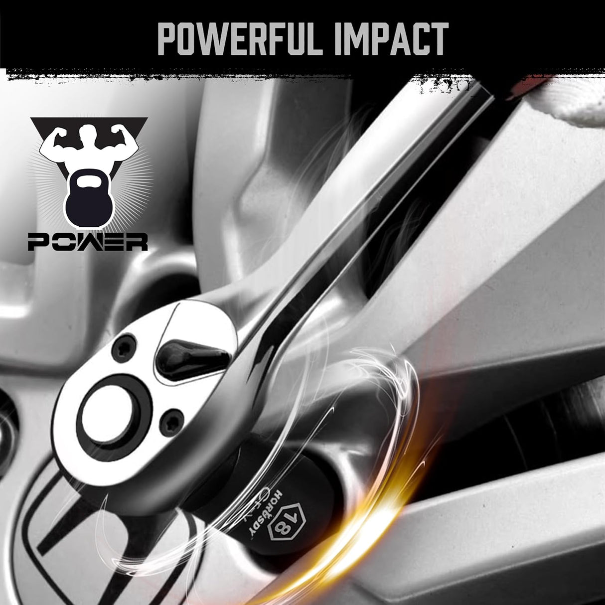 HORUSDY 20-piece 1/2 inch drive deep impact socket set with metric sizes from 10mm to 24mm, CR-V steel, storage case, extension bars, and universal joint.