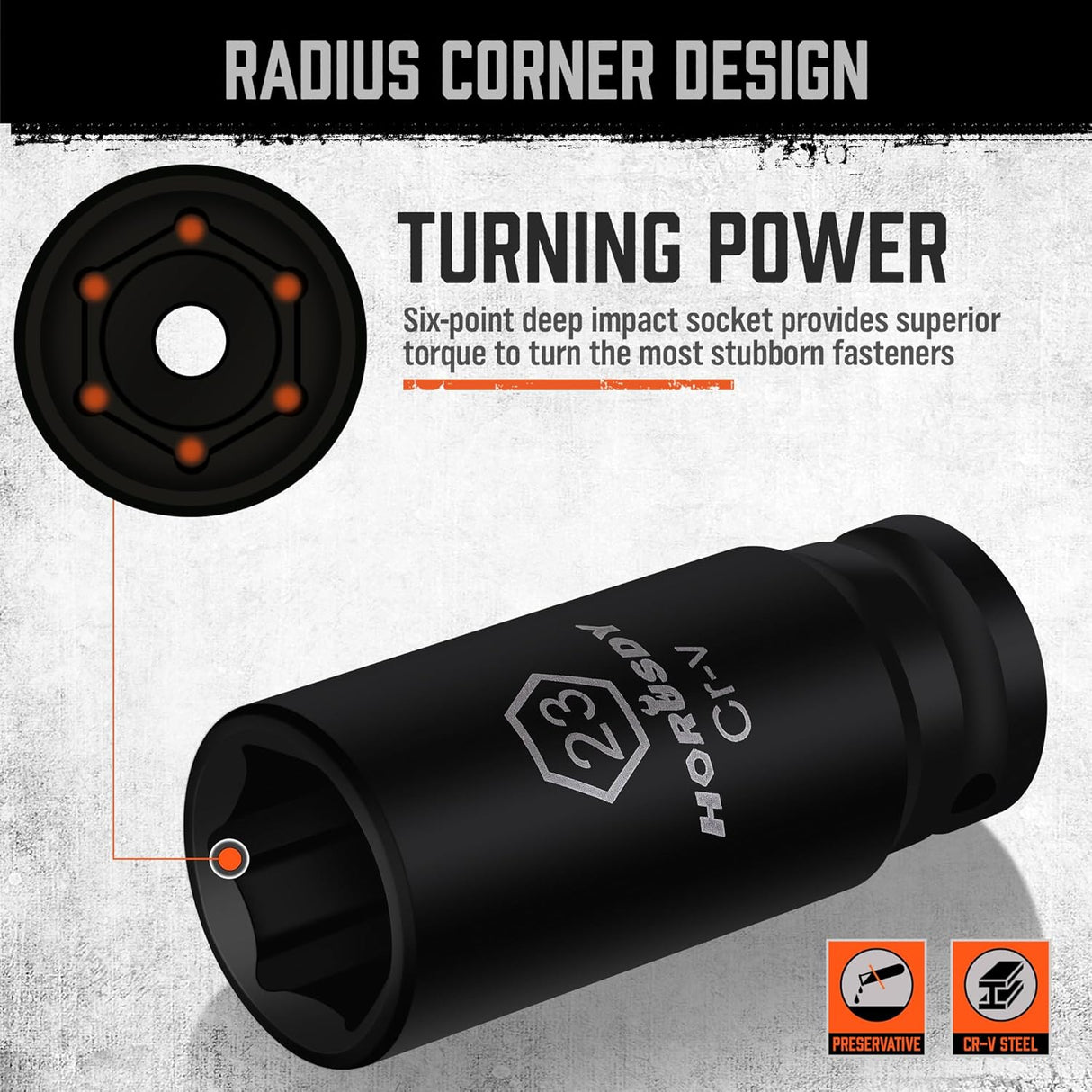 HORUSDY 20-piece 1/2 inch drive deep impact socket set with metric sizes from 10mm to 24mm, CR-V steel, storage case, extension bars, and universal joint.