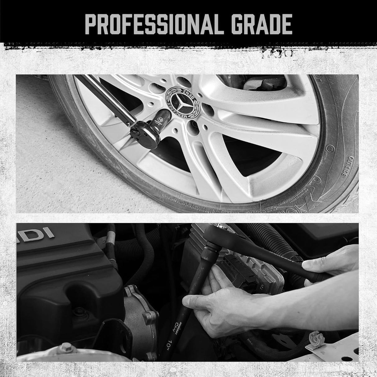 HORUSDY 20-piece 1/2 inch drive deep impact socket set with metric sizes from 10mm to 24mm, CR-V steel, storage case, extension bars, and universal joint.