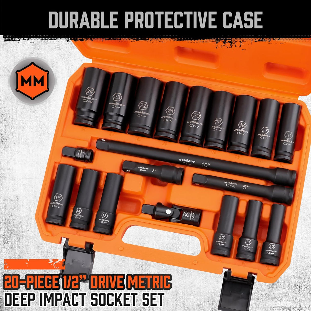 HORUSDY 20-piece 1/2 inch drive deep impact socket set with metric sizes from 10mm to 24mm, CR-V steel, storage case, extension bars, and universal joint.
