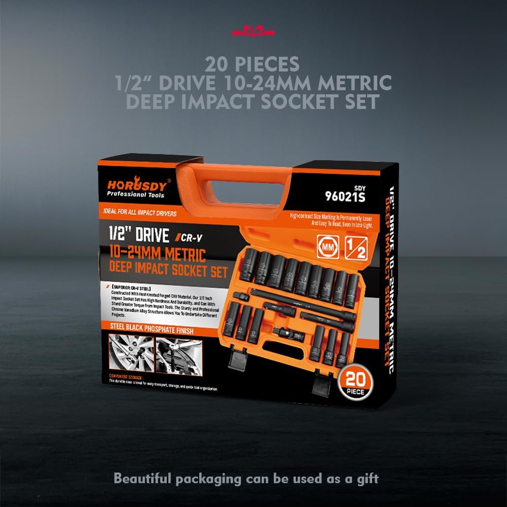 HORUSDY 20-piece 1/2 inch drive deep impact socket set with metric sizes from 10mm to 24mm, CR-V steel, storage case, extension bars, and universal joint.
