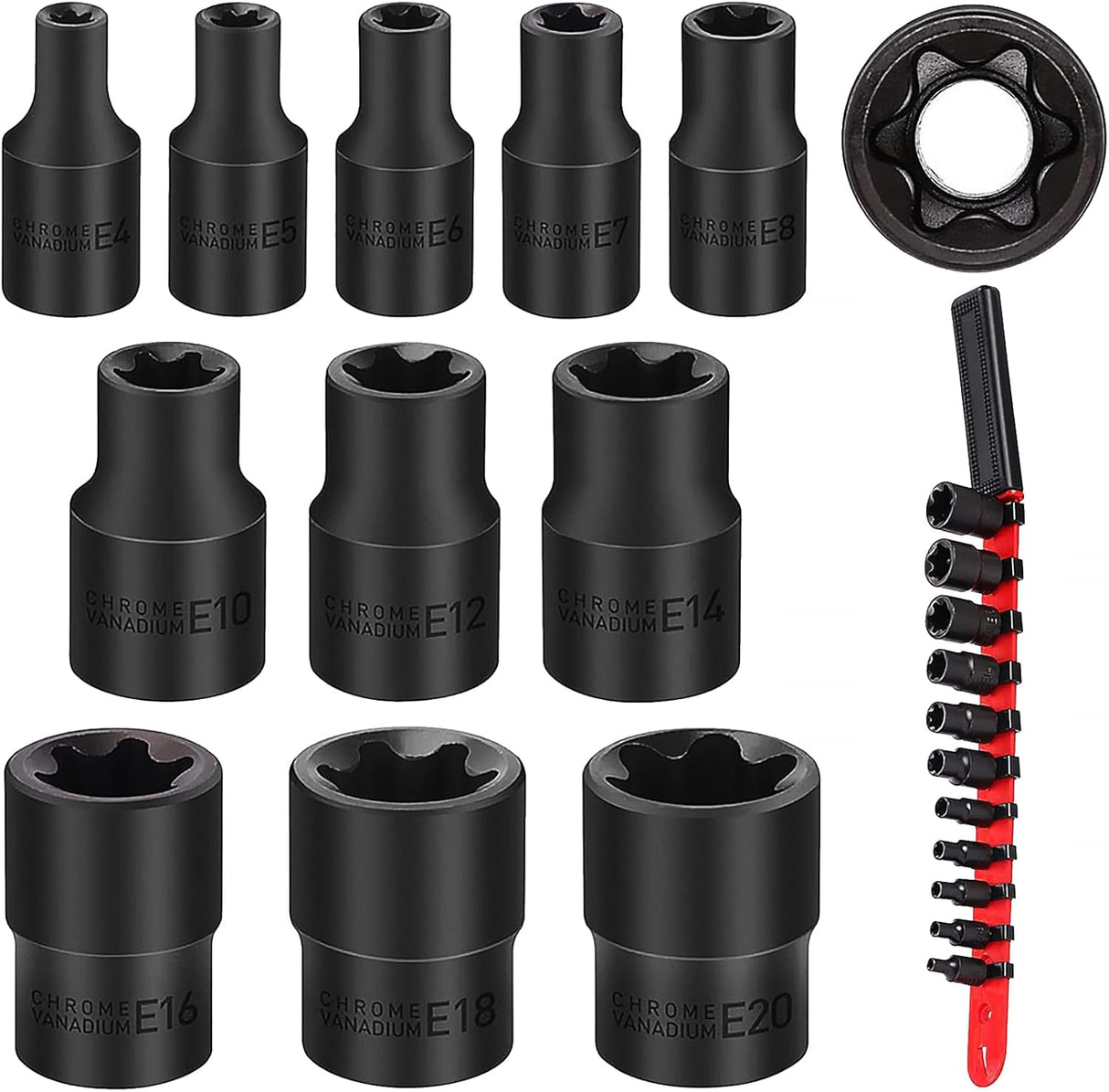 Sedy 11-Piece Female E-Torx Star Socket Set with Rail, Comfort Grip, and Chrome Vanadium Steel for Impact Drivers