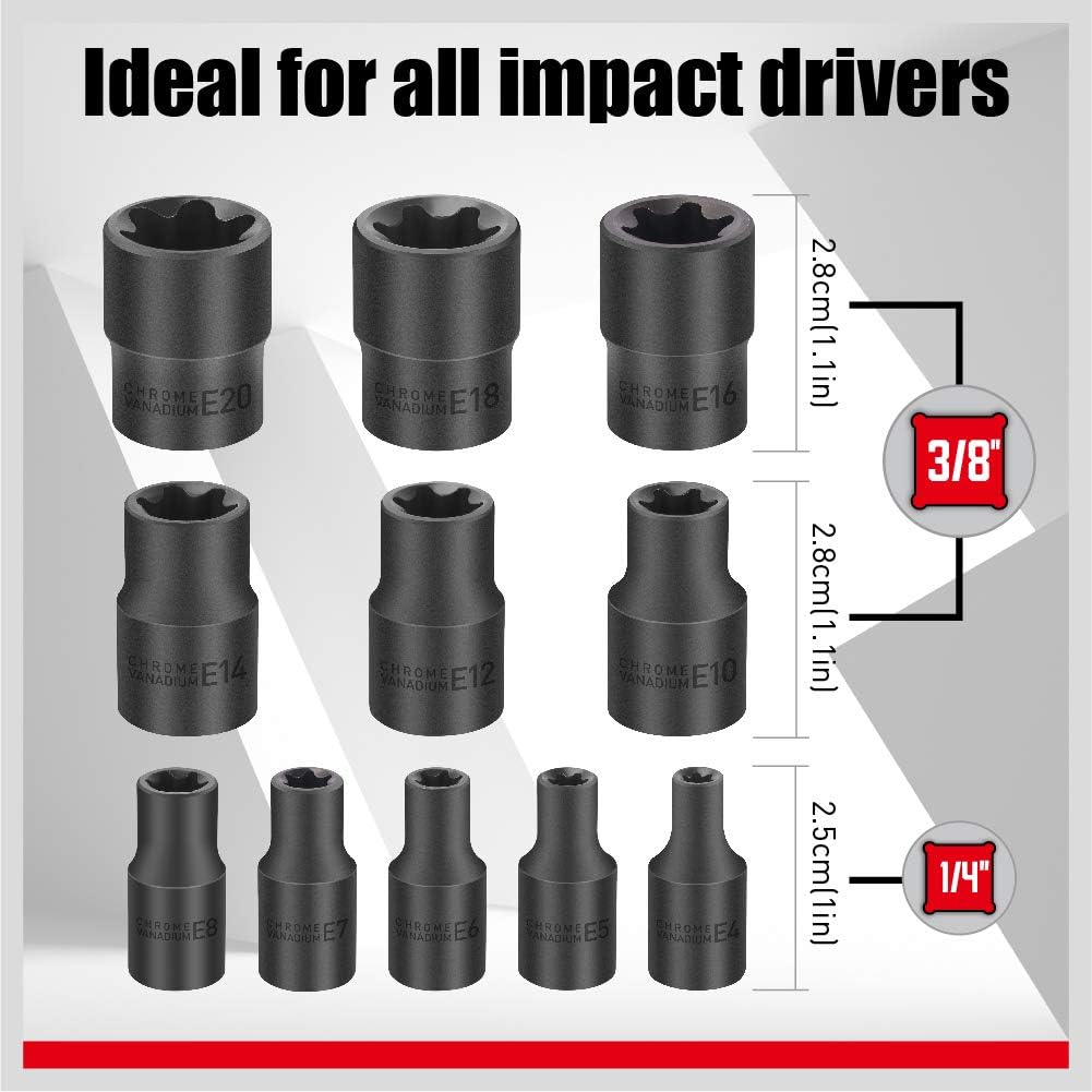 Sedy 11-Piece Female E-Torx Star Socket Set with Rail, Comfort Grip, and Chrome Vanadium Steel for Impact Drivers