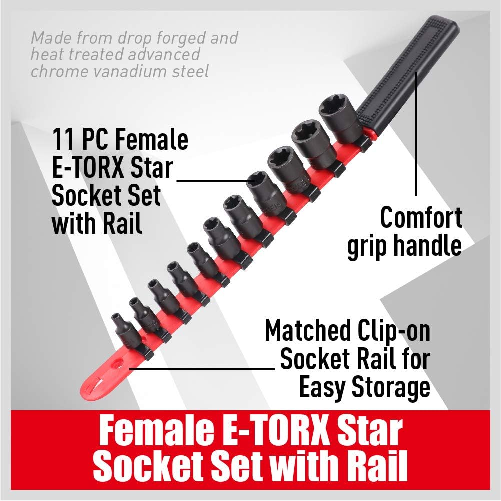 Sedy 11-Piece Female E-Torx Star Socket Set with Rail, Comfort Grip, and Chrome Vanadium Steel for Impact Drivers