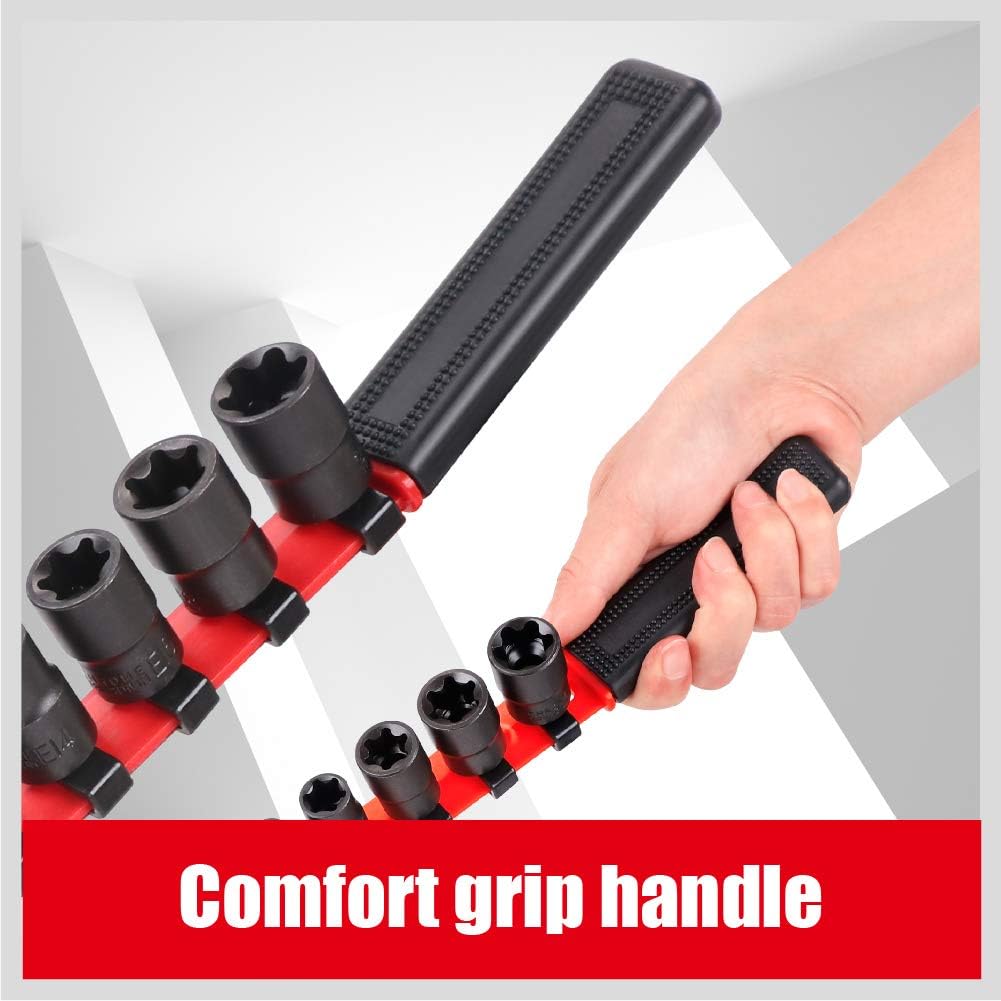 Sedy 11-Piece Female E-Torx Star Socket Set with Rail, Comfort Grip, and Chrome Vanadium Steel for Impact Drivers