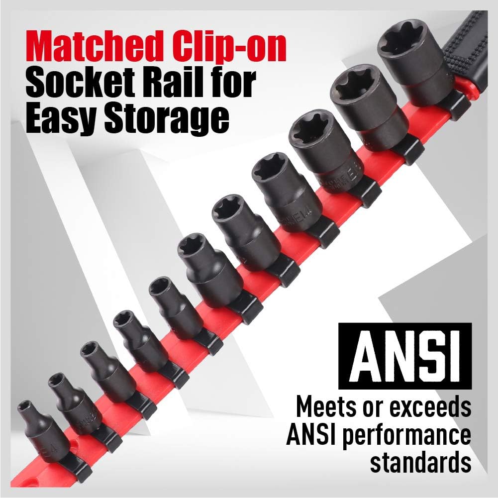 Sedy 11-Piece Female E-Torx Star Socket Set with Rail, Comfort Grip, and Chrome Vanadium Steel for Impact Drivers