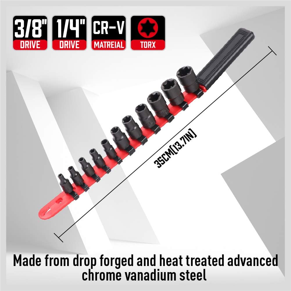 Sedy 11-Piece Female E-Torx Star Socket Set with Rail, Comfort Grip, and Chrome Vanadium Steel for Impact Drivers