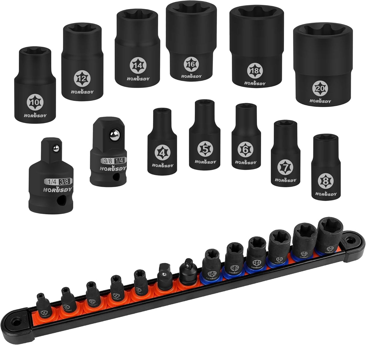 HORUSDY 13-piece external star socket set with adapters and labeled storage rail for automotive and mechanical use