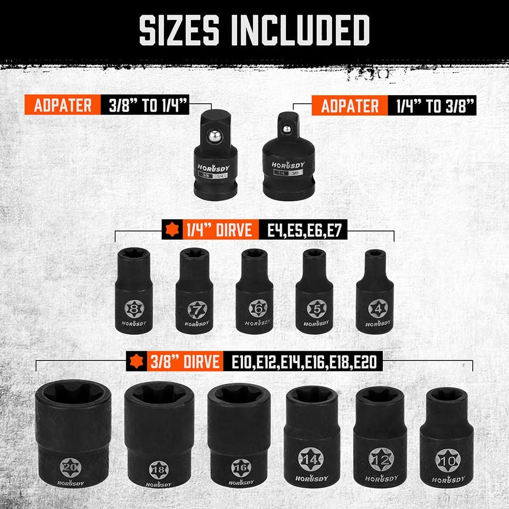 HORUSDY 13-piece external star socket set with adapters and labeled storage rail for automotive and mechanical use