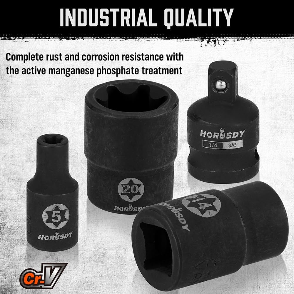 HORUSDY 13-piece external star socket set with adapters and labeled storage rail for automotive and mechanical use