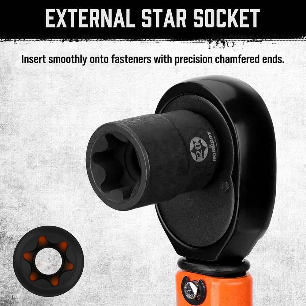 HORUSDY 13-piece external star socket set with adapters and labeled storage rail for automotive and mechanical use