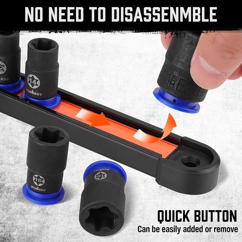 HORUSDY 13-piece external star socket set with adapters and labeled storage rail for automotive and mechanical use