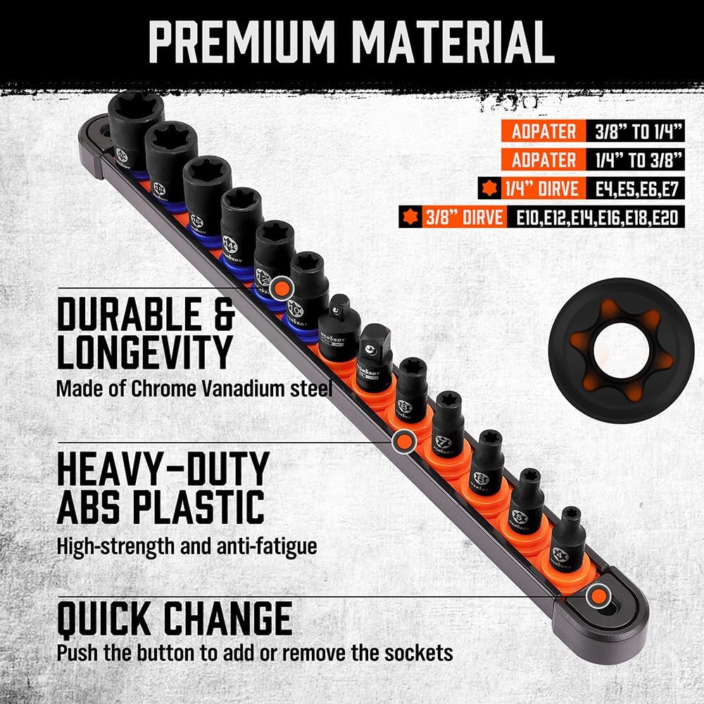 HORUSDY 13-piece external star socket set with adapters and labeled storage rail for automotive and mechanical use