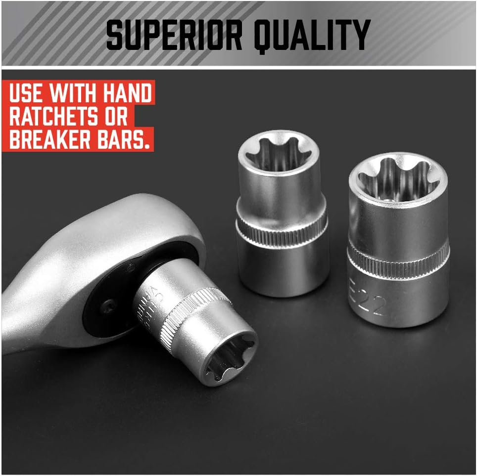 SEDY 14PCS E Torx Star Female Bit Socket Set with 1/4", 3/8", and 1/2" Drive in Red Storage Case