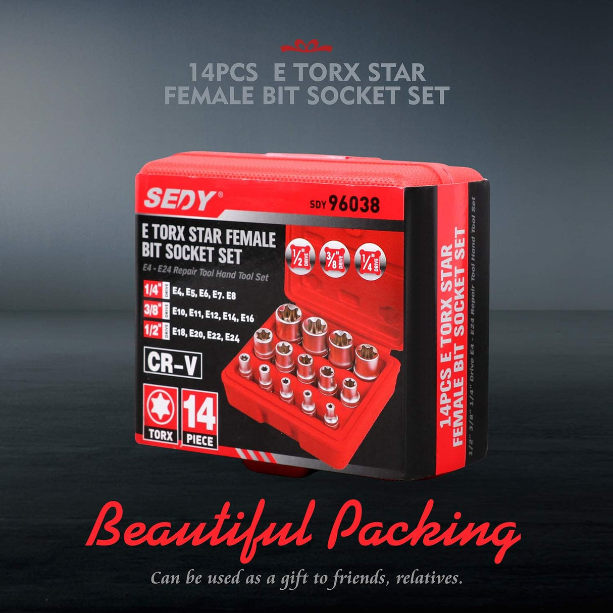 SEDY 14PCS E Torx Star Female Bit Socket Set with 1/4", 3/8", and 1/2" Drive in Red Storage Case