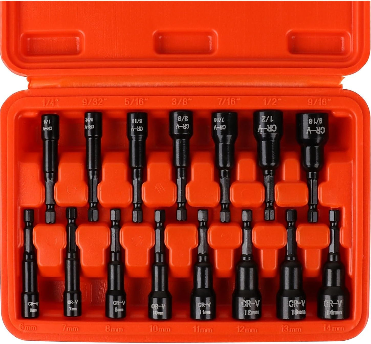 15-piece HORUSDY magnetic nut driver set with SAE and metric sizes, black CR-V steel, orange storage case for impact drivers