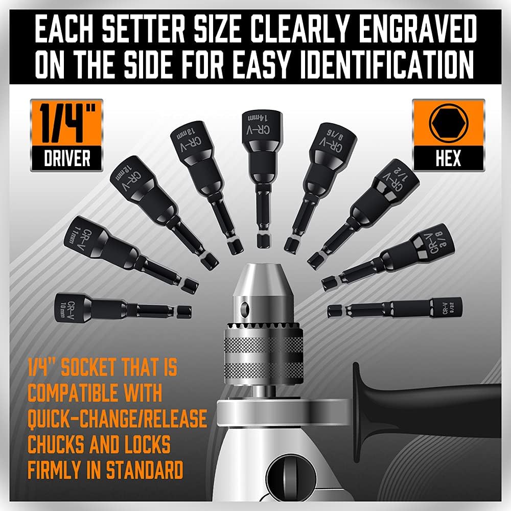 15-piece HORUSDY magnetic nut driver set with SAE and metric sizes, black CR-V steel, orange storage case for impact drivers