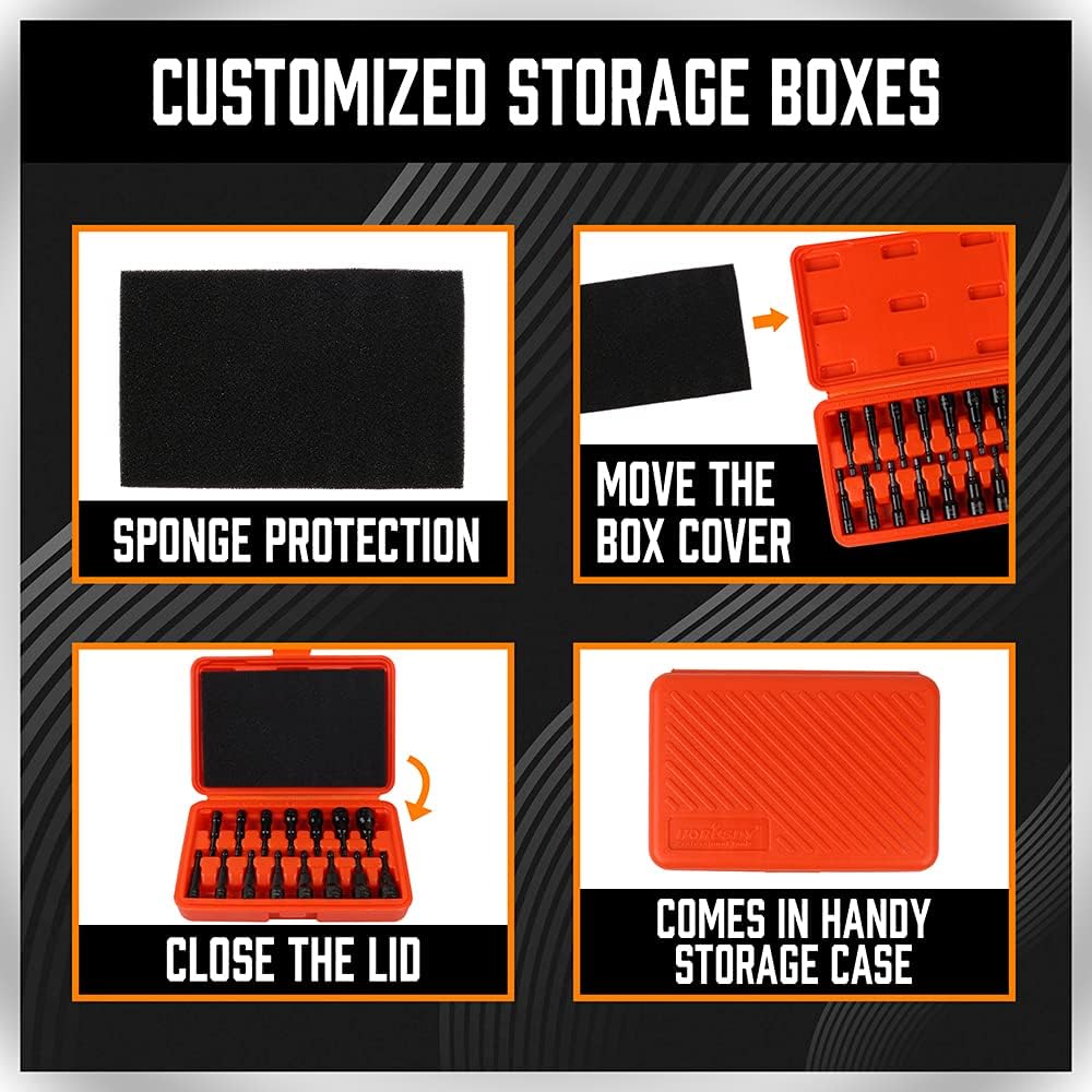 15-piece HORUSDY magnetic nut driver set with SAE and metric sizes, black CR-V steel, orange storage case for impact drivers