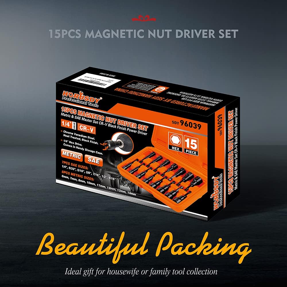 15-piece HORUSDY magnetic nut driver set with SAE and metric sizes, black CR-V steel, orange storage case for impact drivers