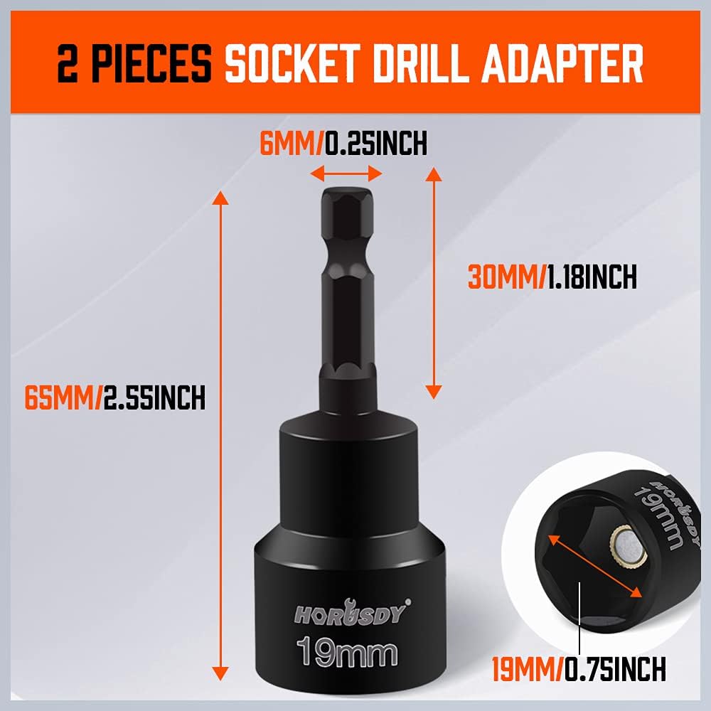 HORUSDY 19mm magnetic socket drill adapter with 1/4-inch hex shank and impact-rated CR-V construction