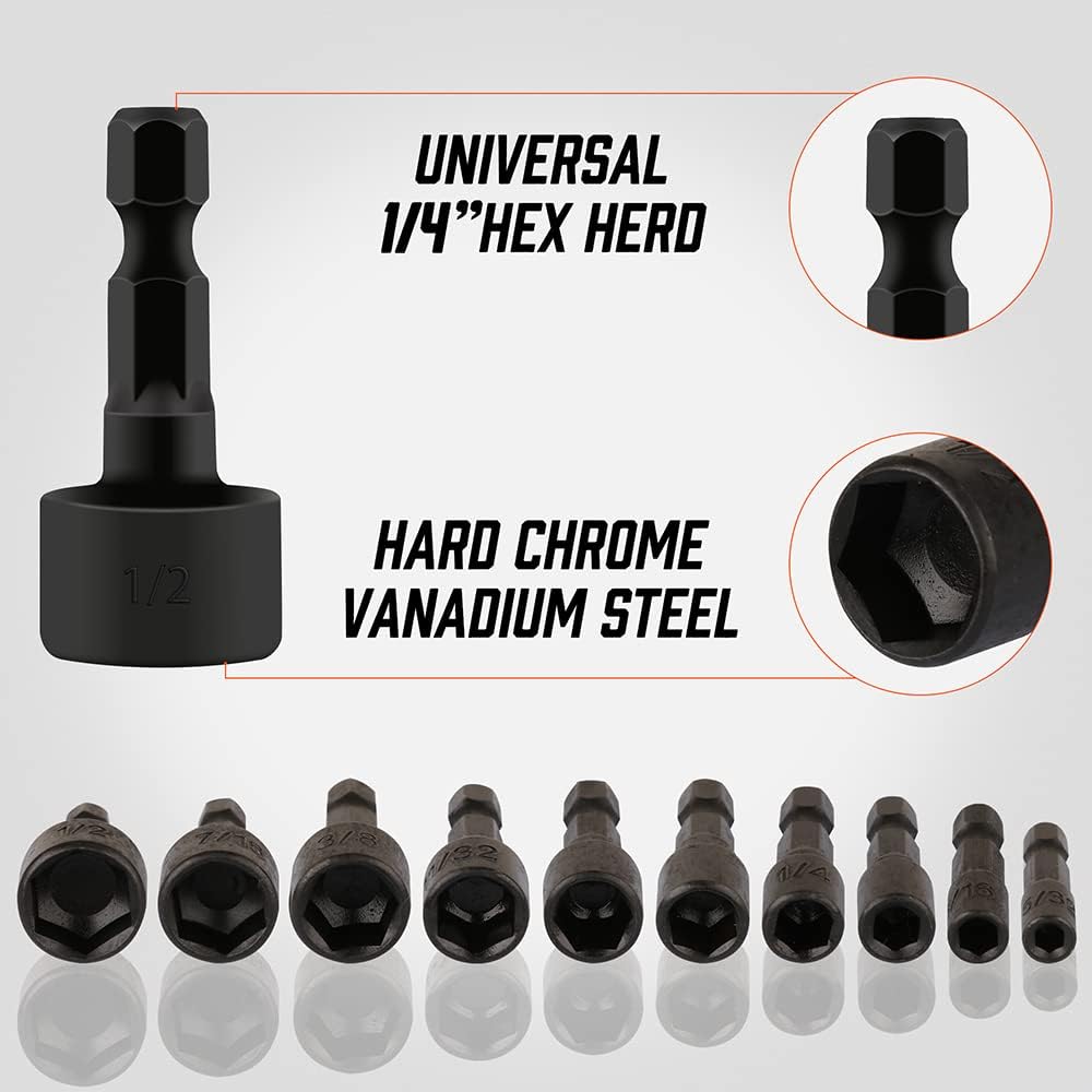 HORUSDY 22-piece nut driver bit set with SAE and metric sizes, hex shank design, chrome vanadium steel, and orange organizer